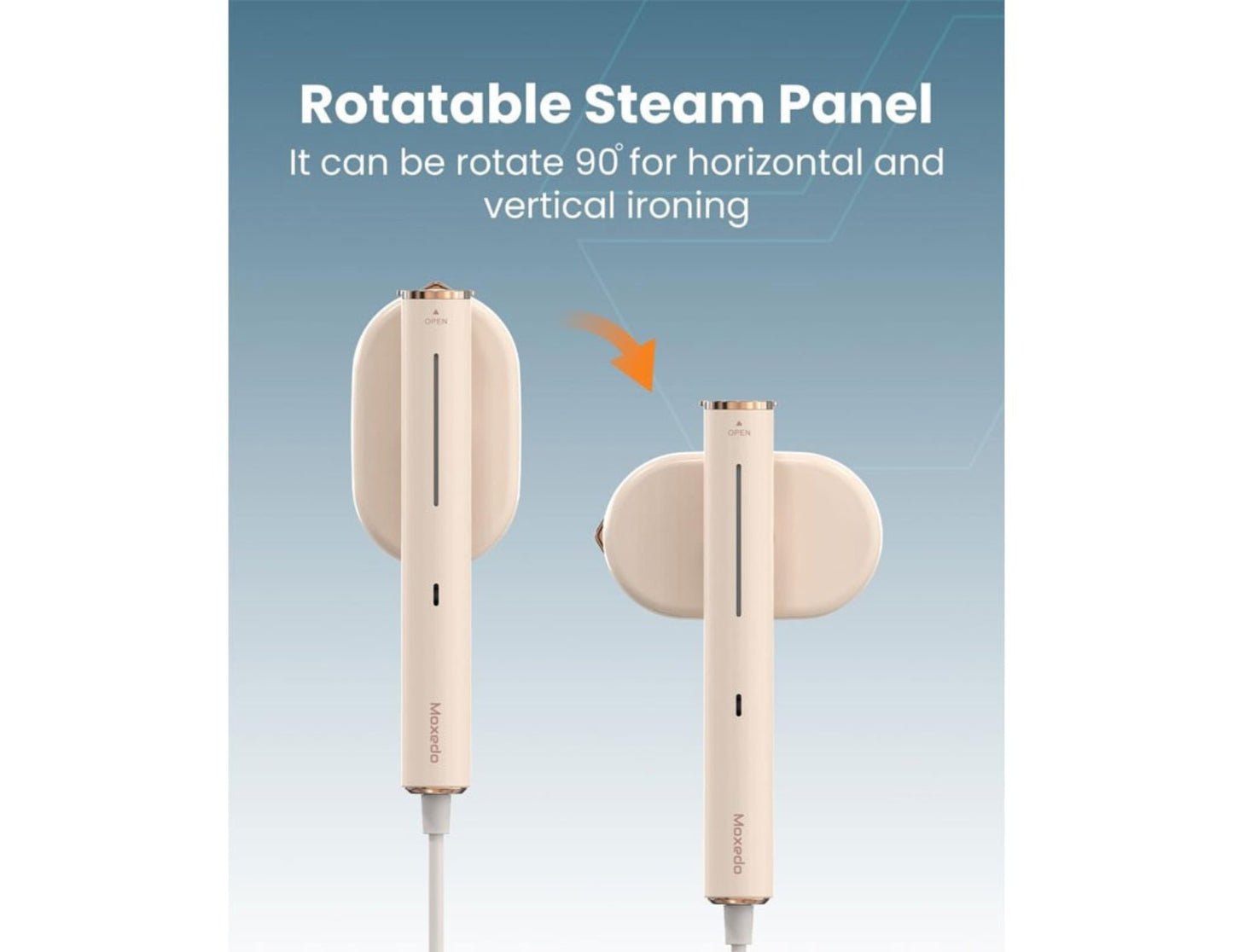 Rotatable steam panel with text on a blue background
