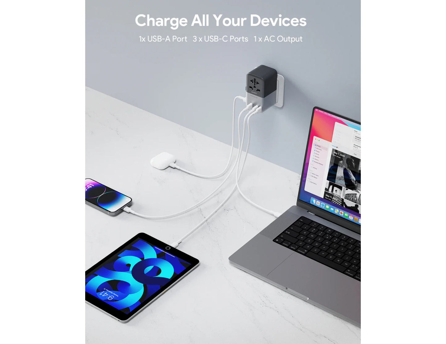 AUKEY Travel Mate PA-TA09A 100W GaN Universal Adapter with USB Ports – Gray