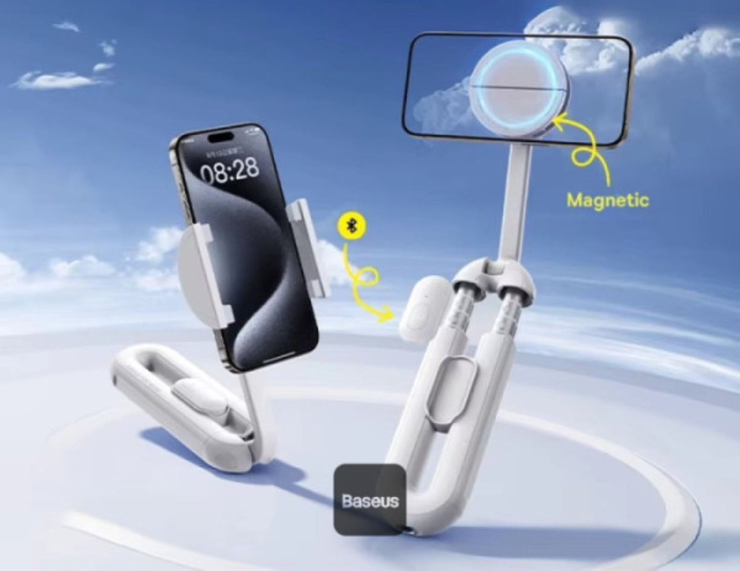 White phone holder with smartphone on a blue sky background