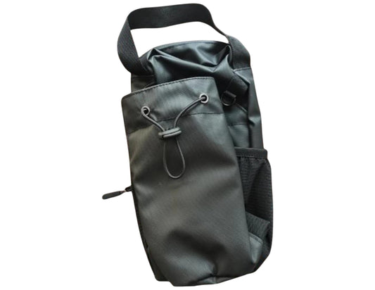 Black drawstring bag on a white background