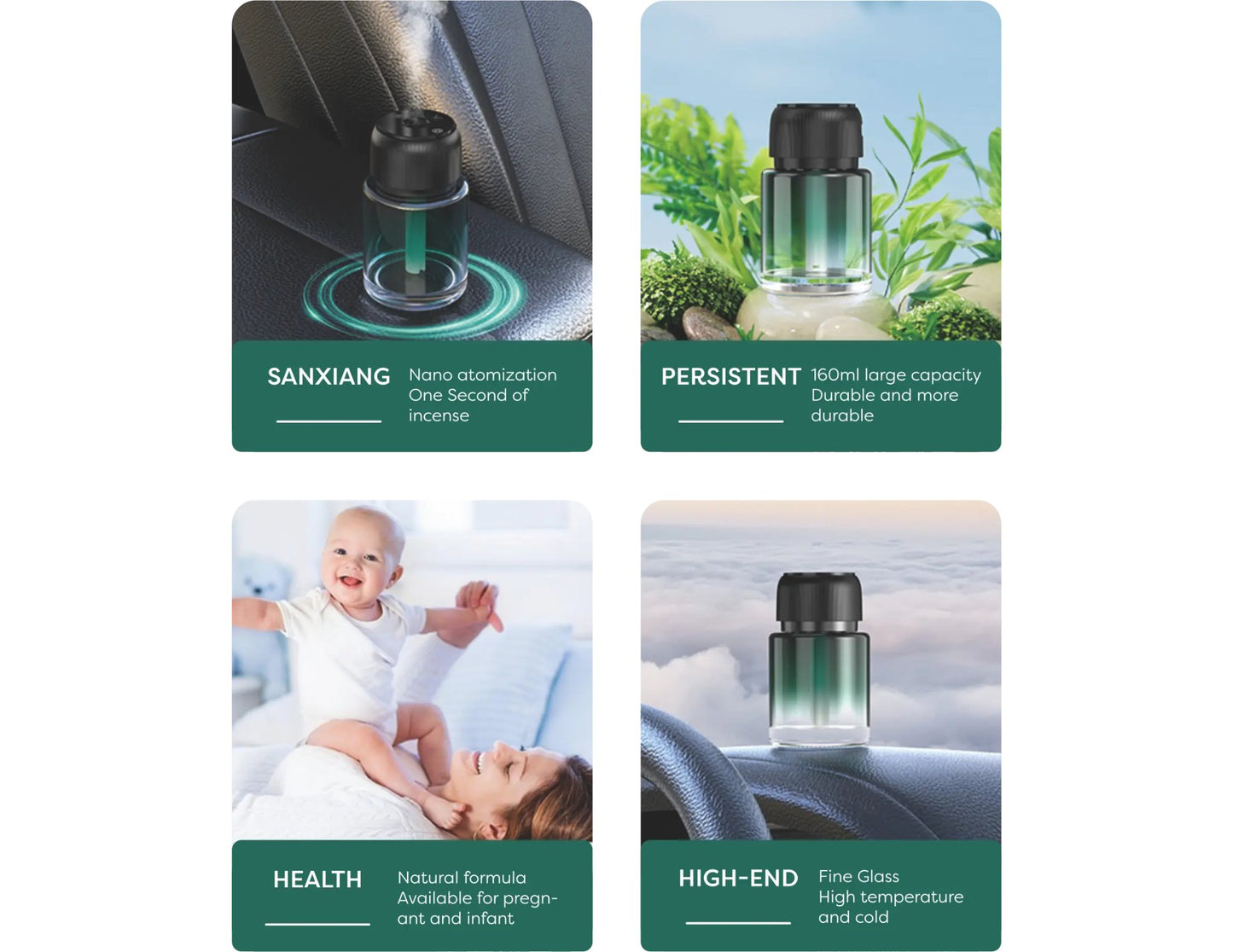 Promotional cards for a product with images and text on a white background