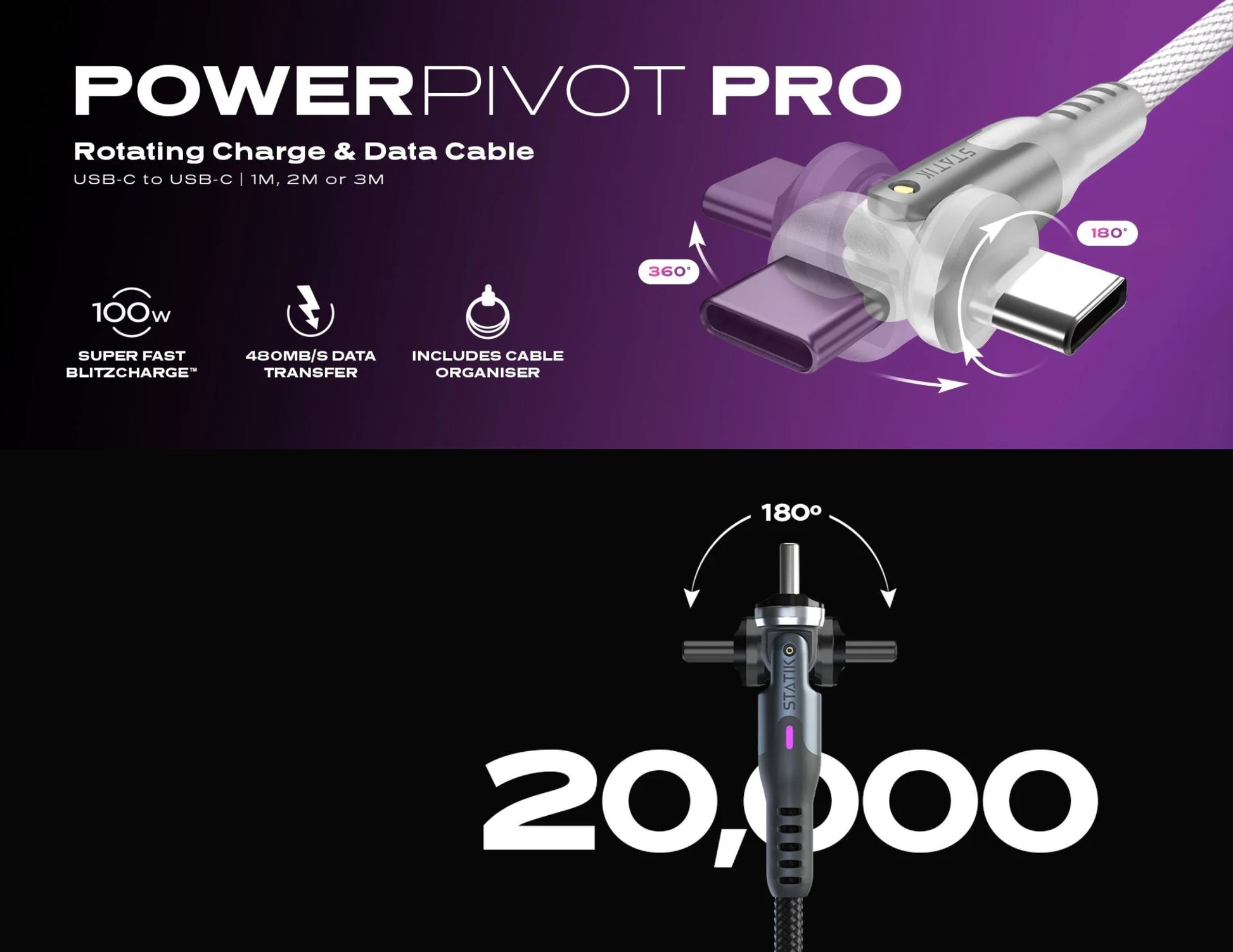 Power Pivot Pro rotating charge and data cable with features on a purple and black background
