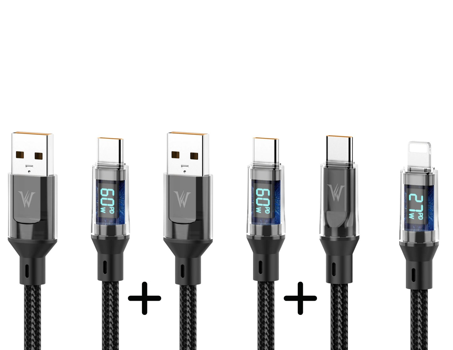 Set of six USB cables with digital displays on a white background