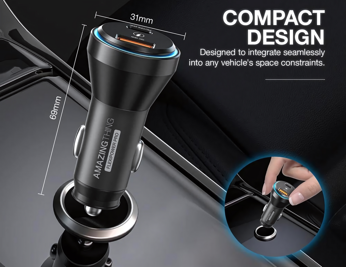 شاحن سيارة سريع ثلاثي المنافذ FlexiPower Pro 43W من AMAZINGTHING