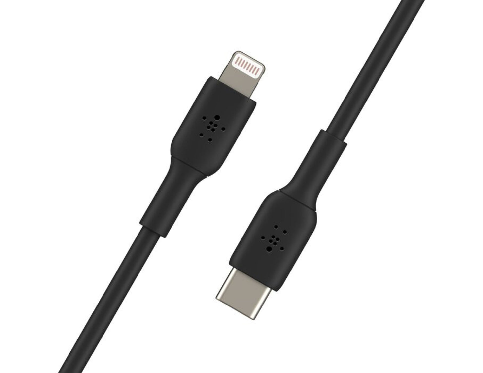 Black cable with USB-C and Lightning connectors on a white background