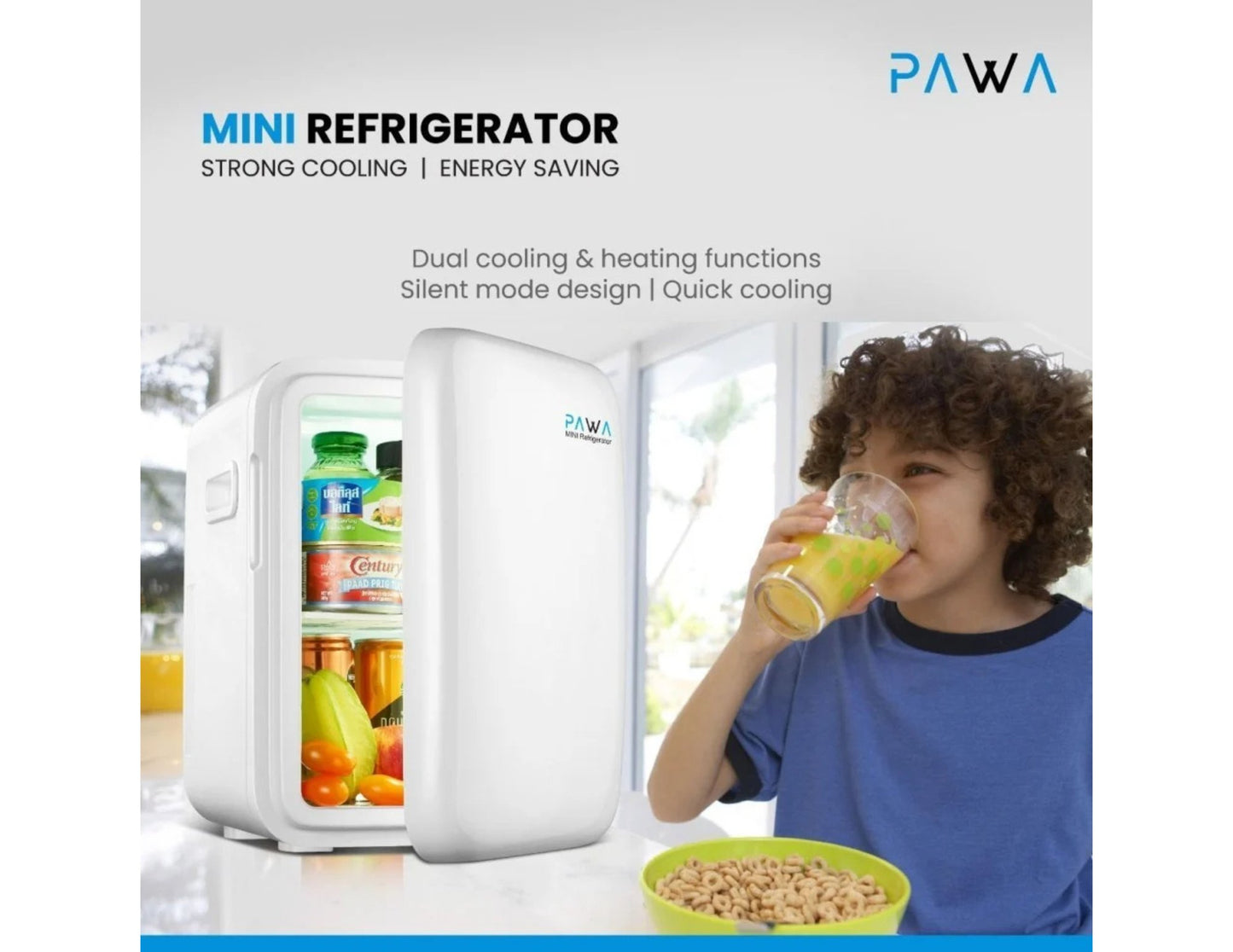 PAWA Mini Refrigerator 10L PW10LMR-WH with a child drinking from a glass in a kitchen setting