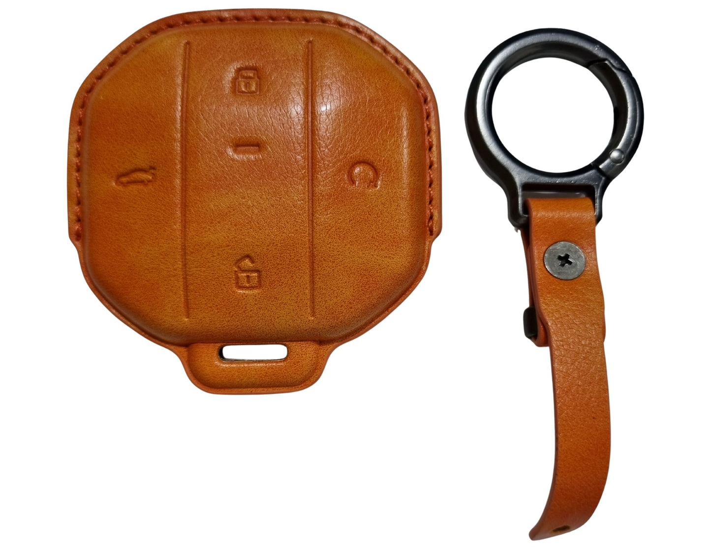Brown Jetour Hybrid Car Key Cover – Alcantara / Leather Finish with a matching keychain on a white background