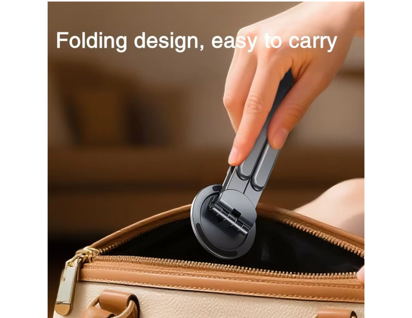 Hand using a folding design E05 Multi-purpose Travel Portable Stand (5-in-1, Magnetic, Waterproof) with text 'Folding design, easy to carry'.