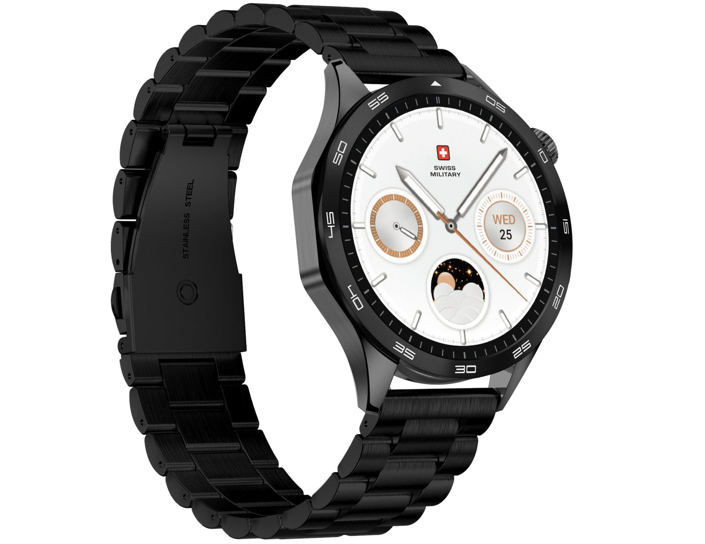 Smartwatch with a black metal band on a white background