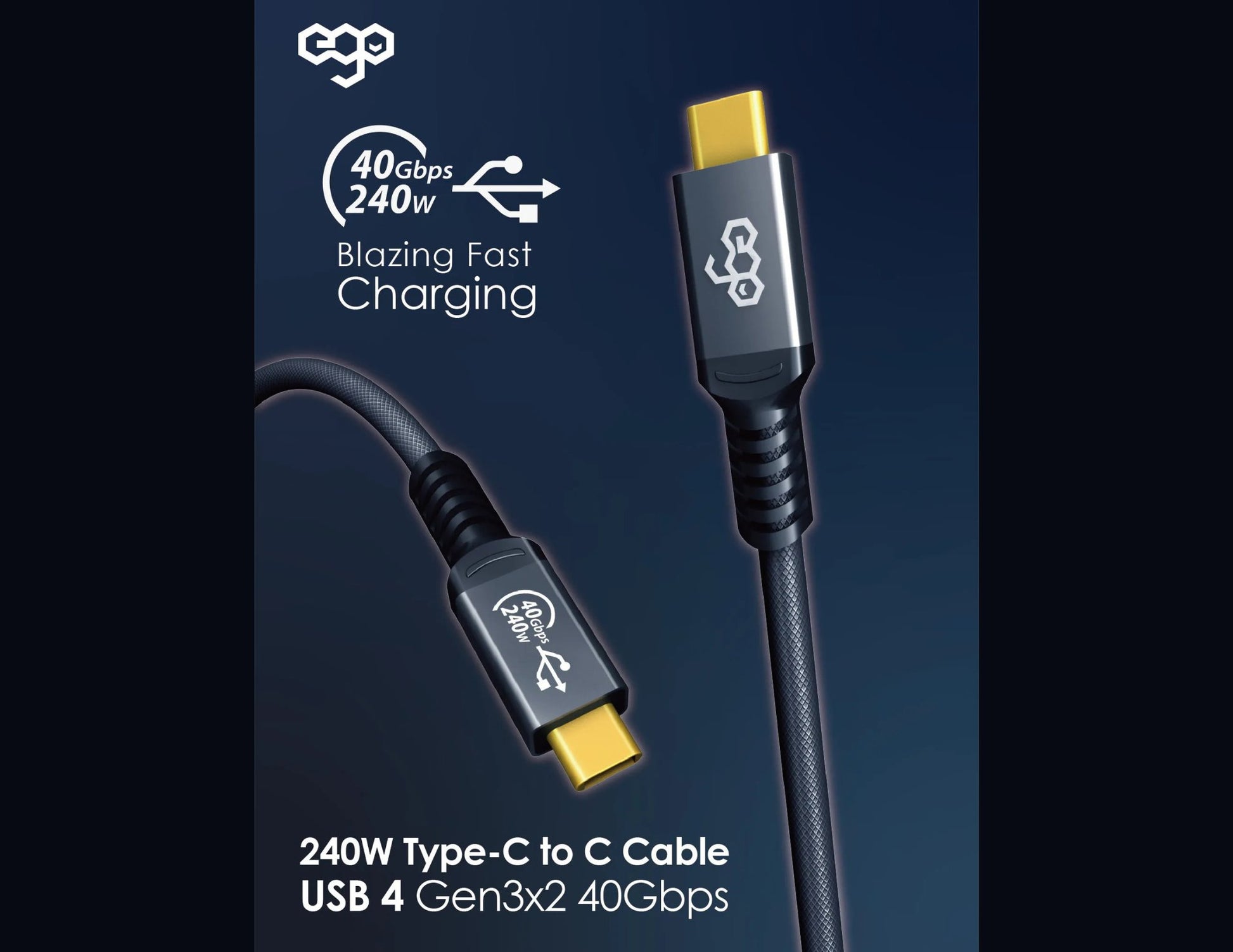 240W Type-C to C cable with charging specifications on a dark blue background