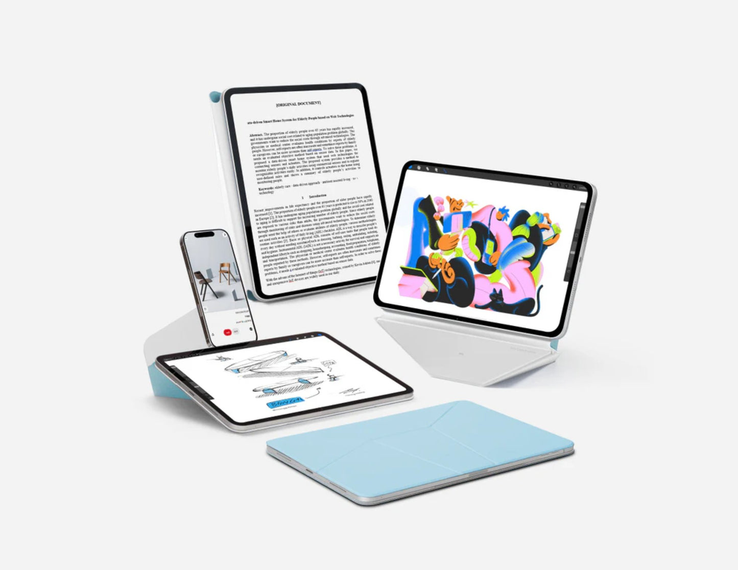 Multiple electronic devices including tablets and a phone on with Moft Dynamic Folio Case for iPad Pro 13-inch (M4) a white background