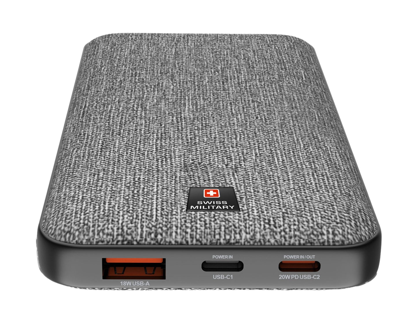 Gray textured power bank with Swiss Military logo on a white background