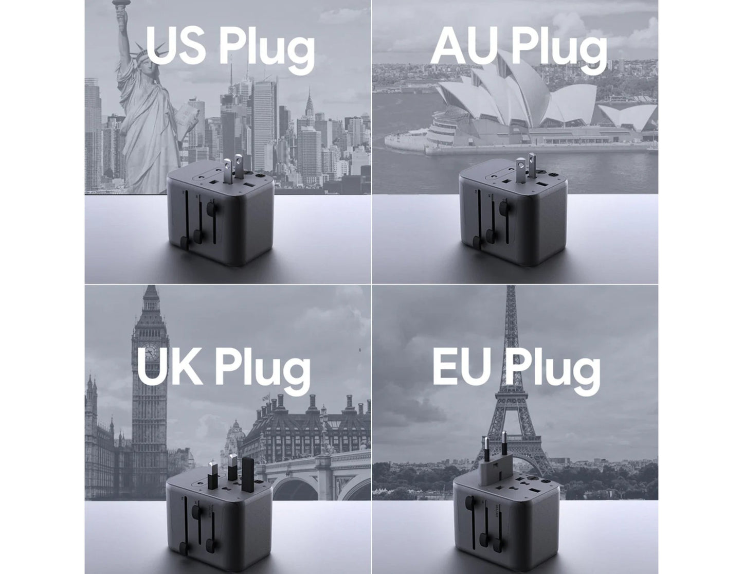 Four plug adapters with different sockets on a background of iconic landmarks.