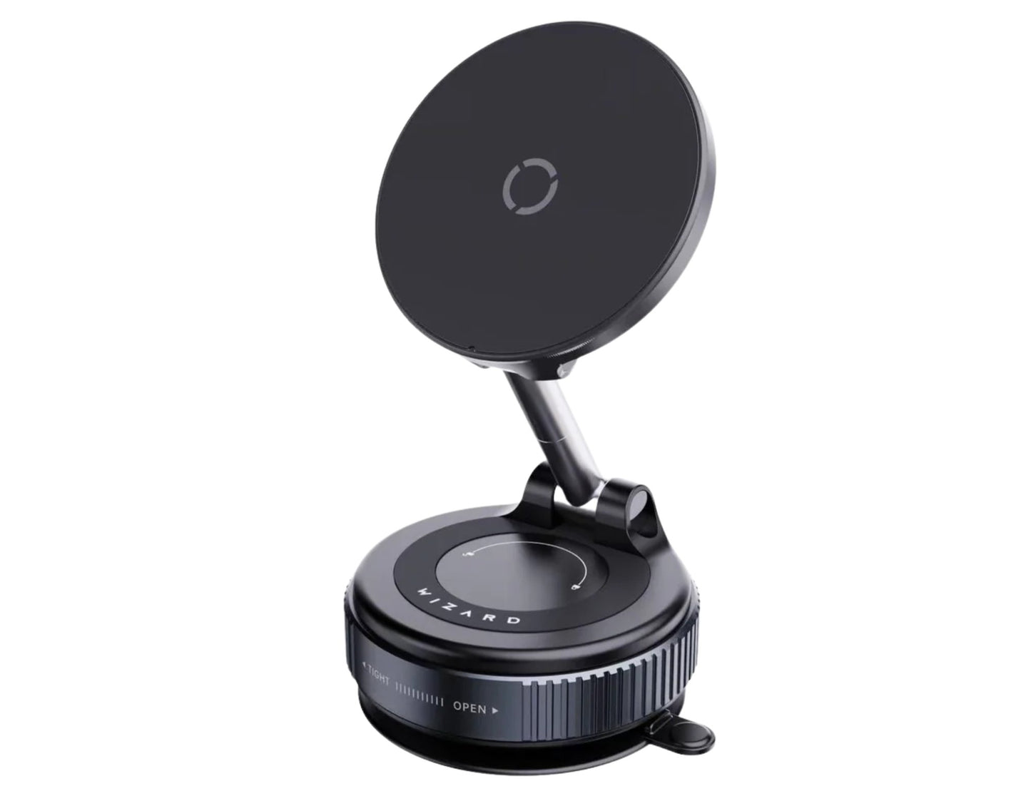Wizard CH-95 Vacuum Wireless Charging Bracket, featuring a round black mount with a flexible neck, designed to hold smartphones for wireless charging.
