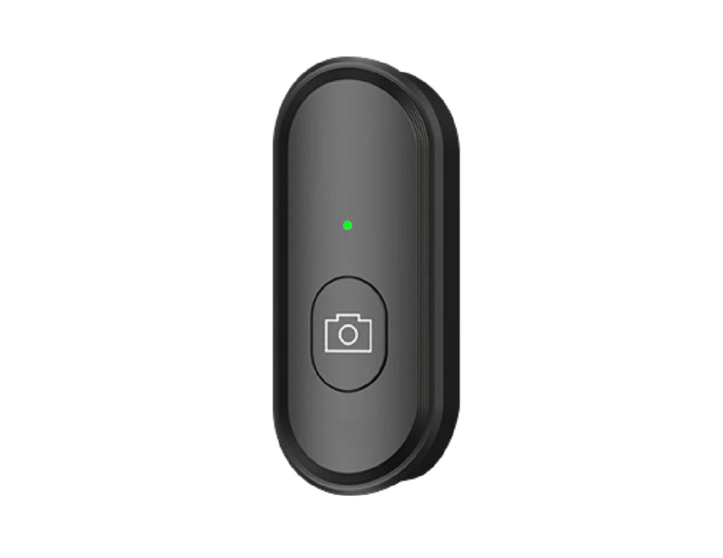 Black camera remote control with a green indicator light on a white background