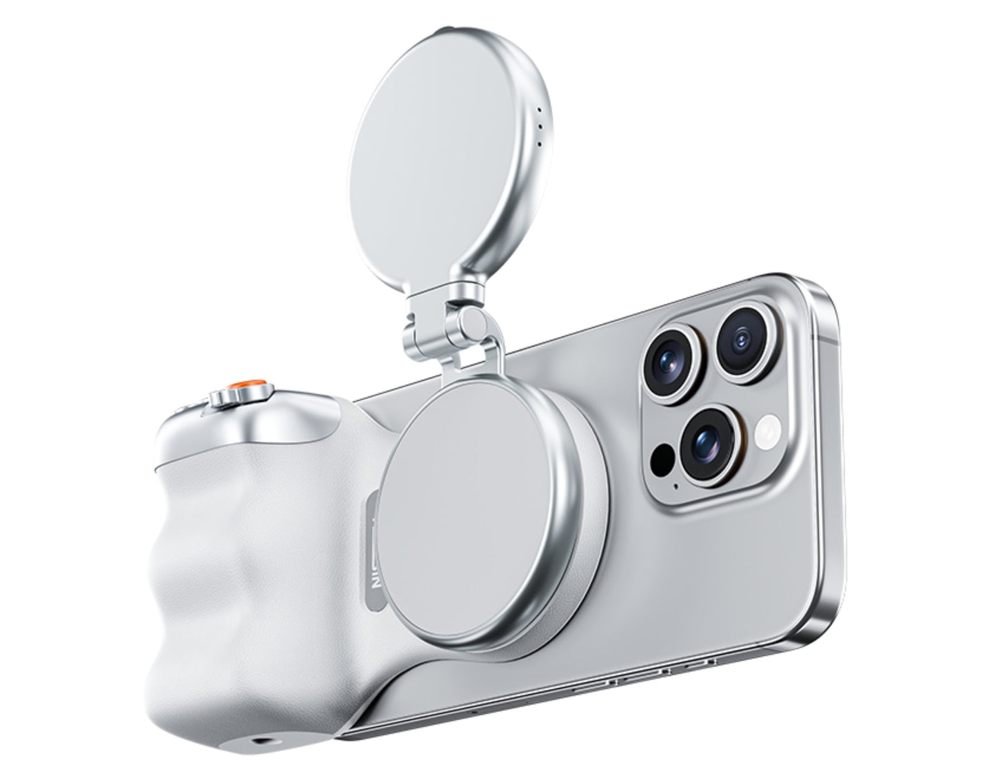 Smartphone with a camera module and mirror on a white background