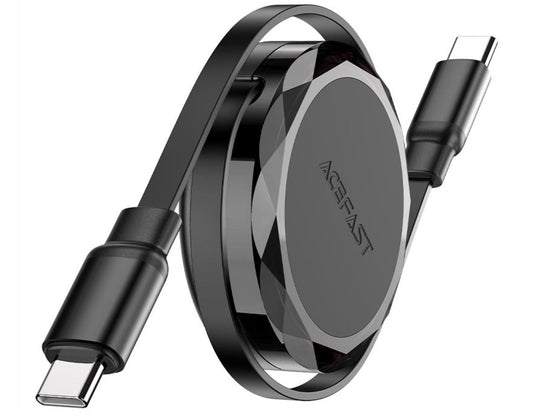 Black and silver USB-C cable with circular connector on a white background