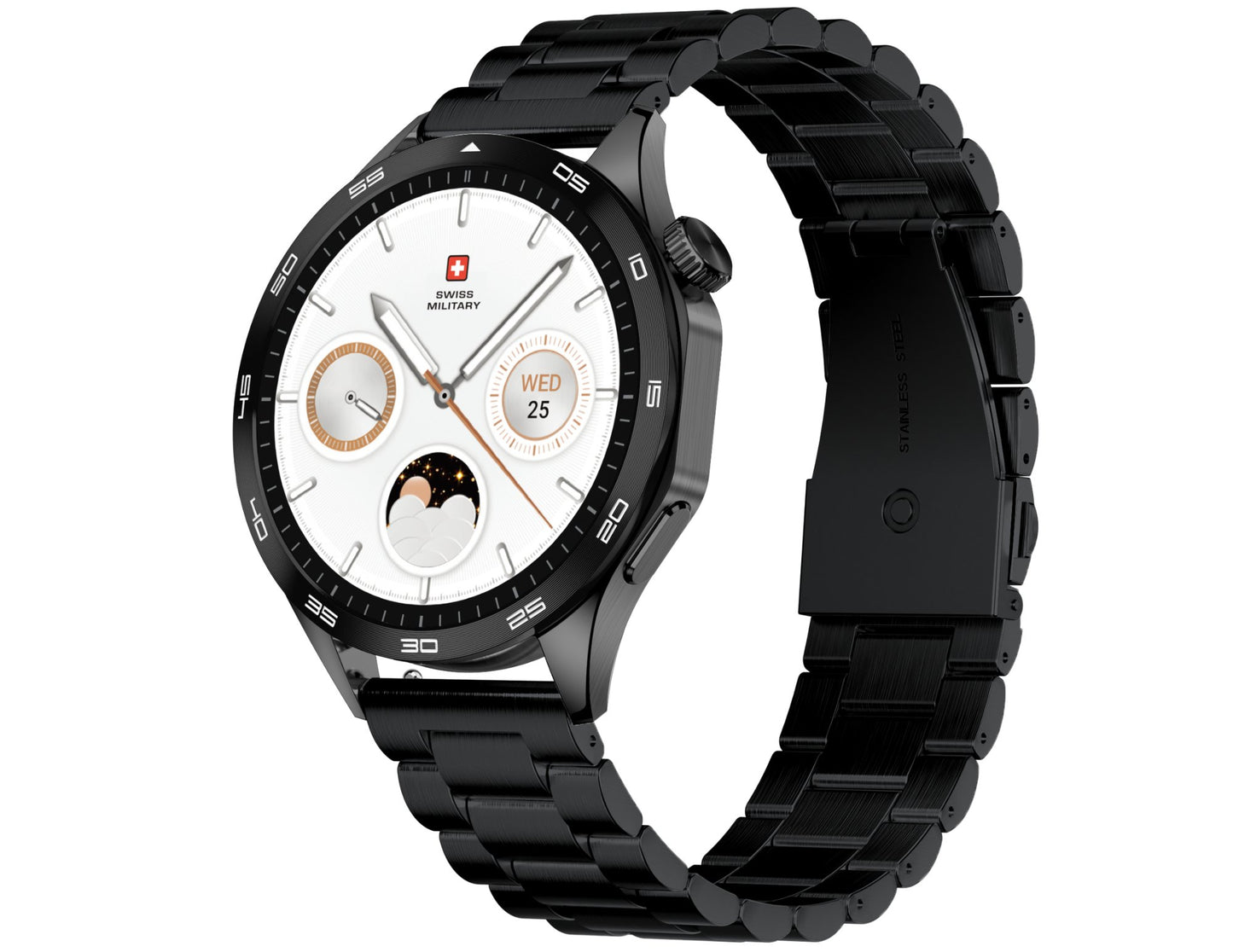 Black smartwatch with a detailed face on a white background