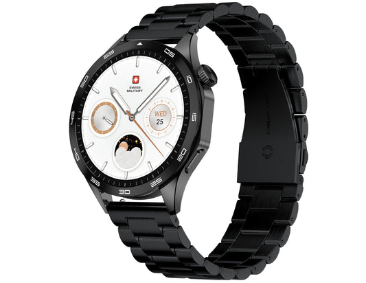 Black smartwatch with a detailed face on a white background