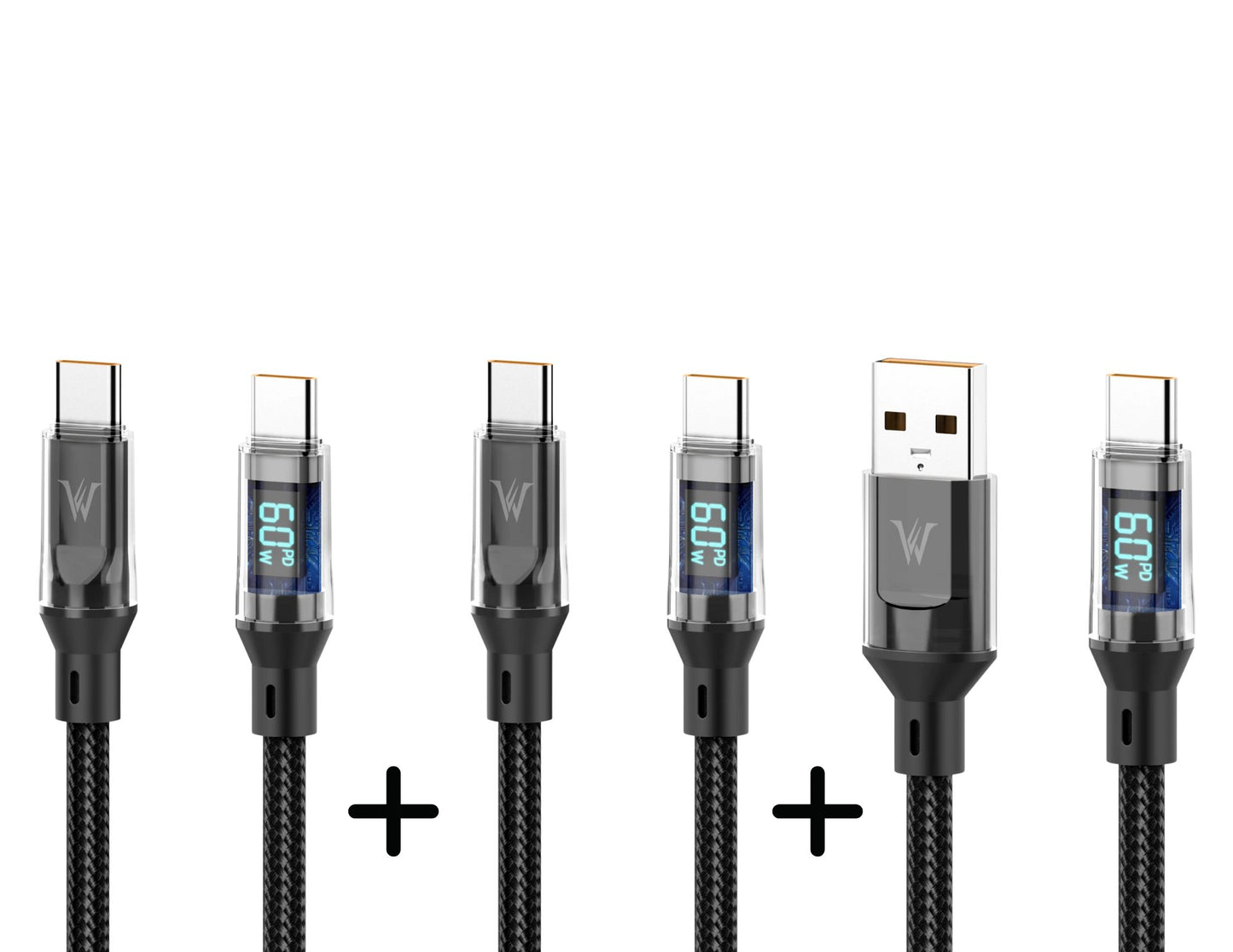 Set of USB cables with digital displays on a white background