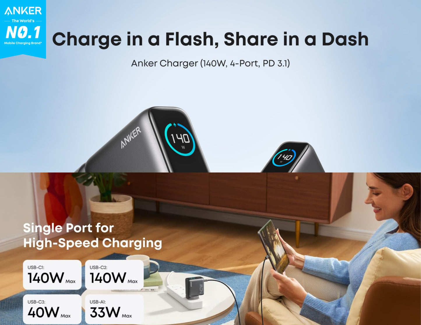 شاحن Anker GaN للكمبيوتر المحمول بقوة 140 واط و4 منافذ مع كابل USB-C وشاشة ذكية (B2697KZ1)