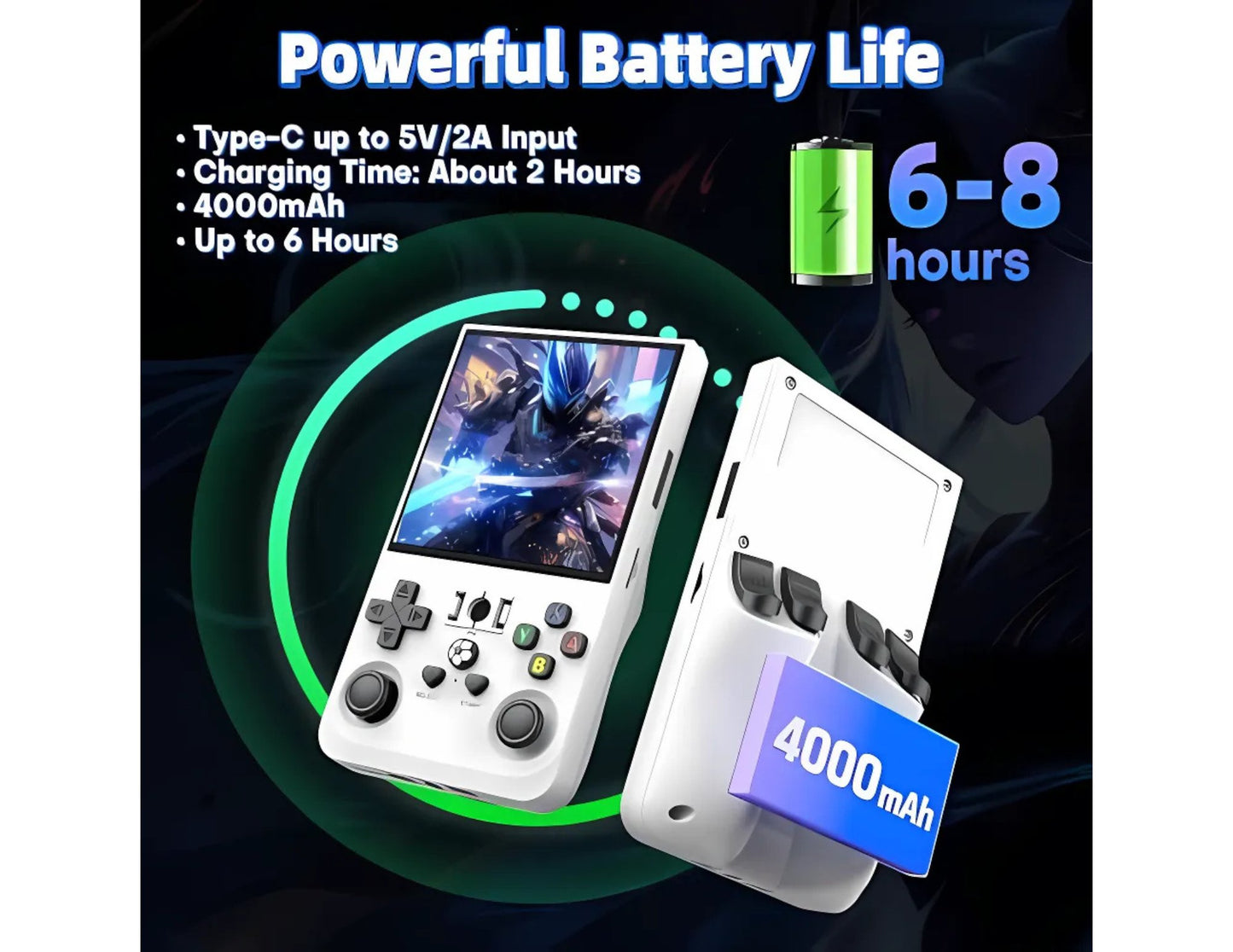 Handheld gaming console with battery pack and charging information on a dark background