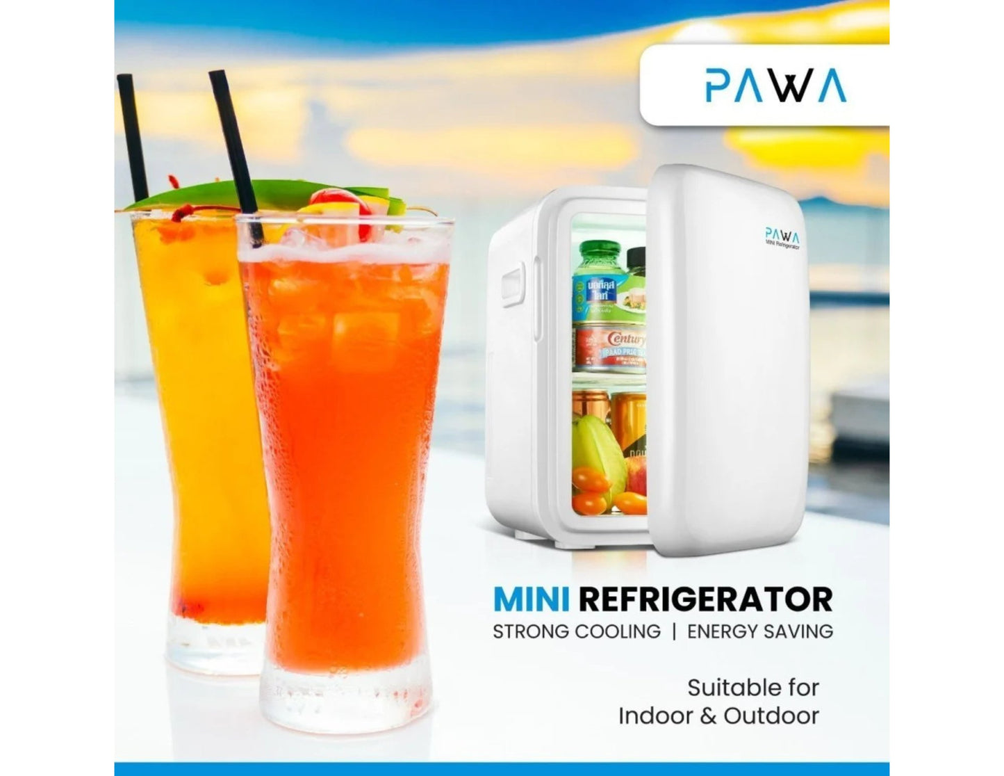 PAWA Mini Refrigerator 10L PW10LMR-WH with drinks on a beach background, featuring the PAWA brand.