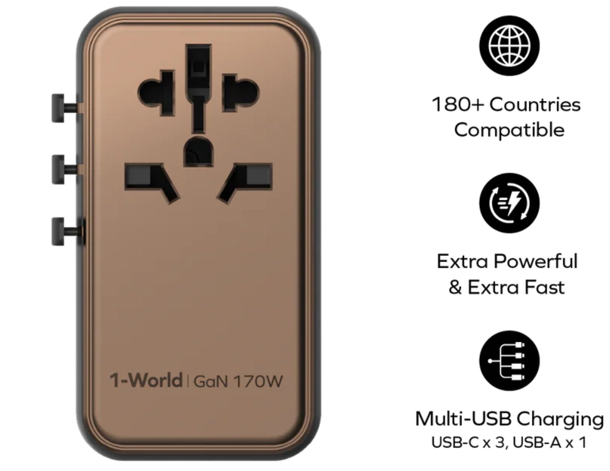 Brown travel adapter with features listed on a white background