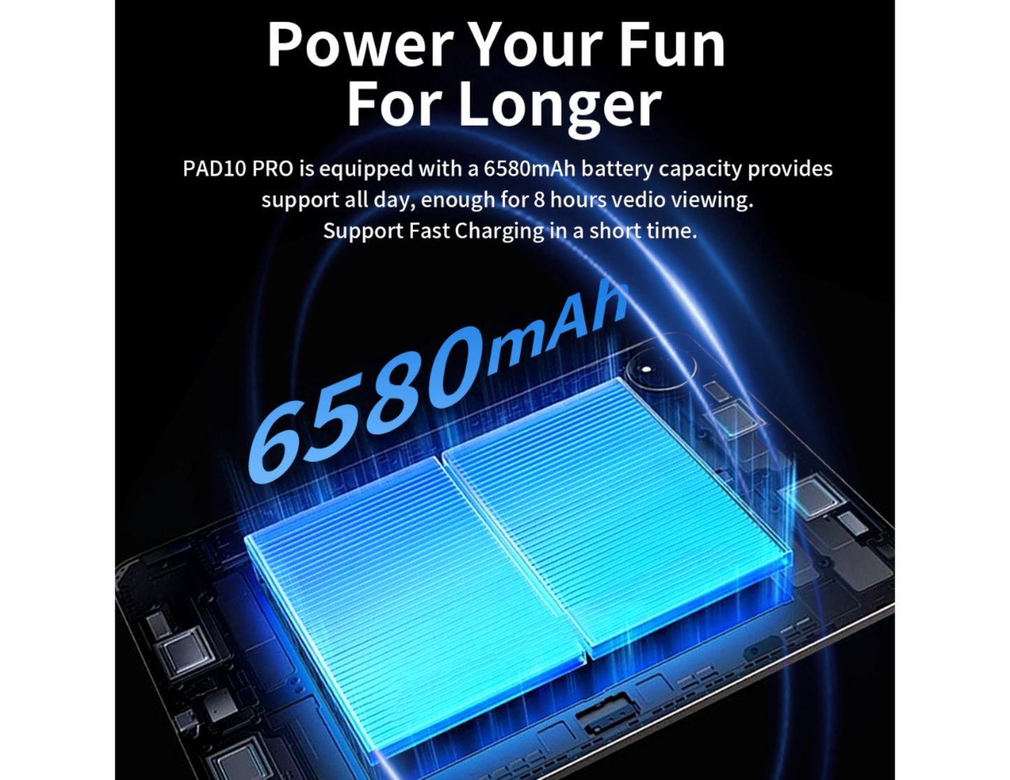 G-Tab PAD 10 Pro – 10.1" IPS Tablet (Android 14, 10GB RAM, 128GB ROM, 6580mAh, 5G WiFi) battery with 6580mAh capacity and text about power and battery life on a dark background
