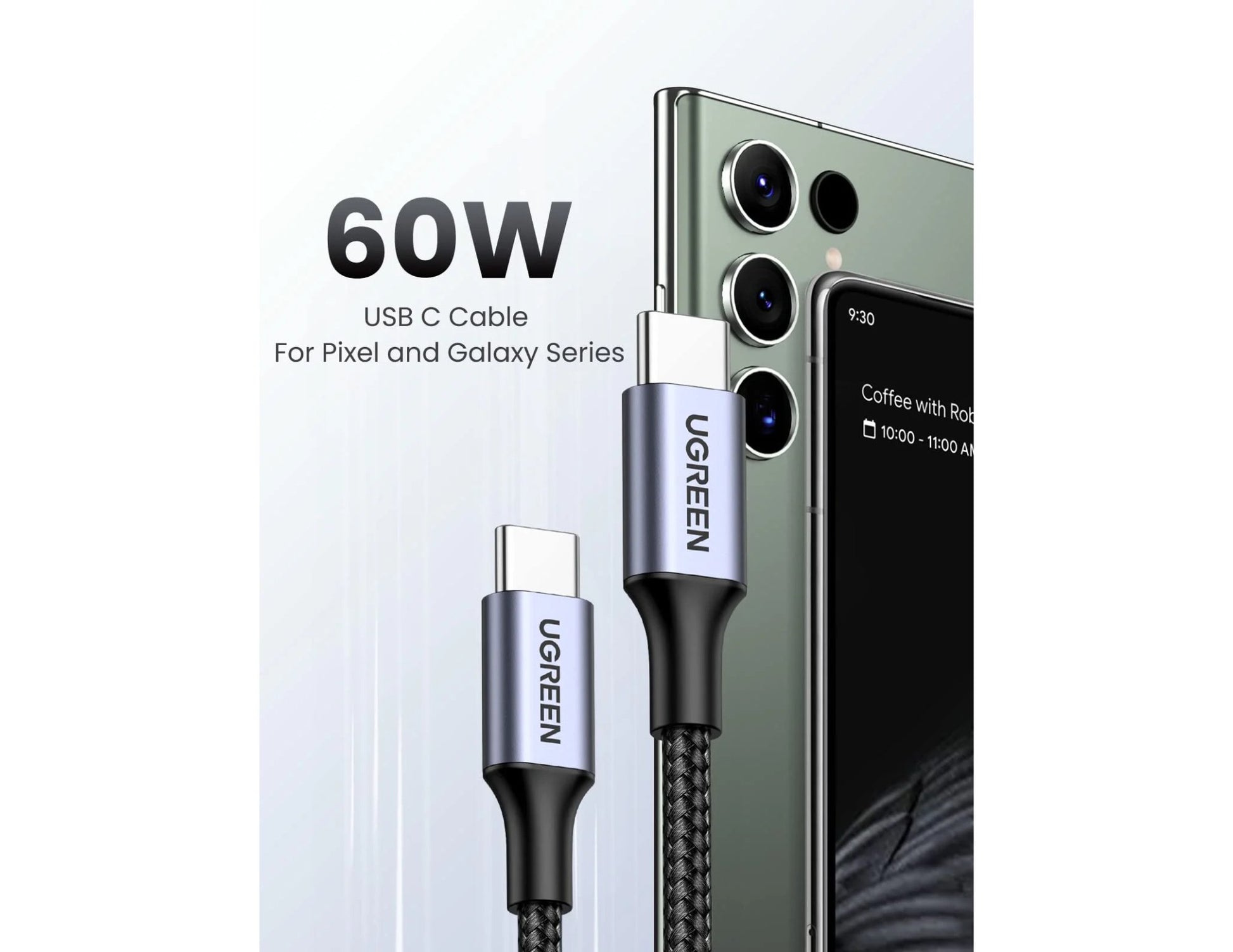 UGREEN USB-C to USB-C PD Fast Charging Cable 60W 1M Braided Nylon – US261 with a smartphone on a white background