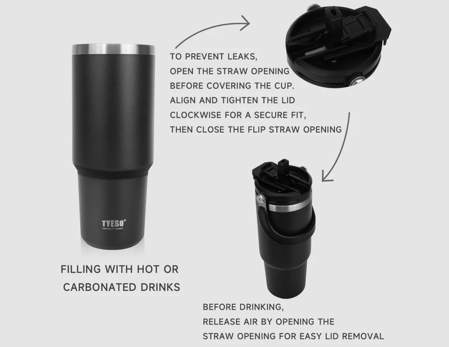 Black insulated tumbler with instructions on use on a light gray background