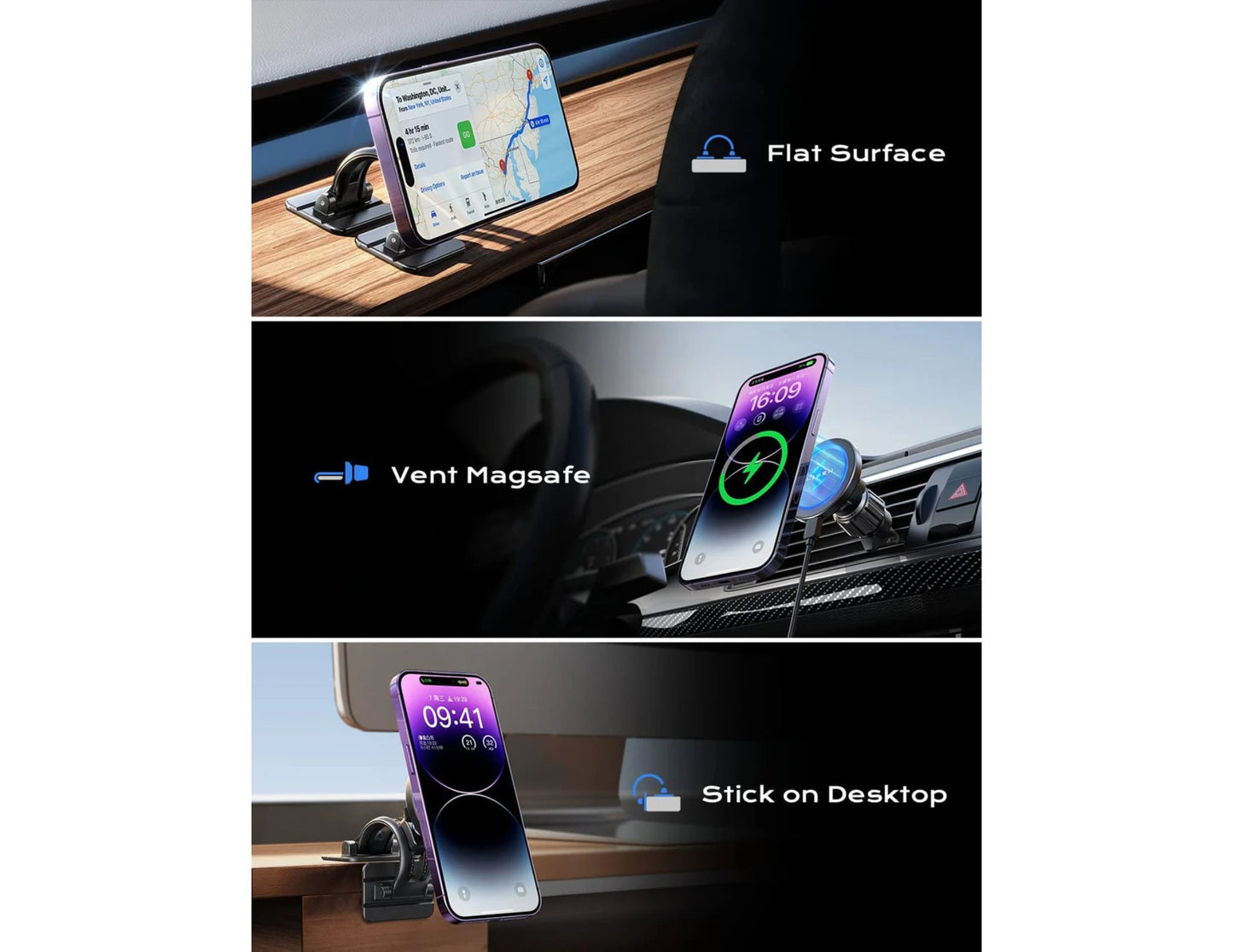 Collage of a LISEN 15W MagSafe Car Magnetic Wireless Charging Stand with Dashboard & Vent Mount in various positions including flat surface, vent, and stick on desktop.