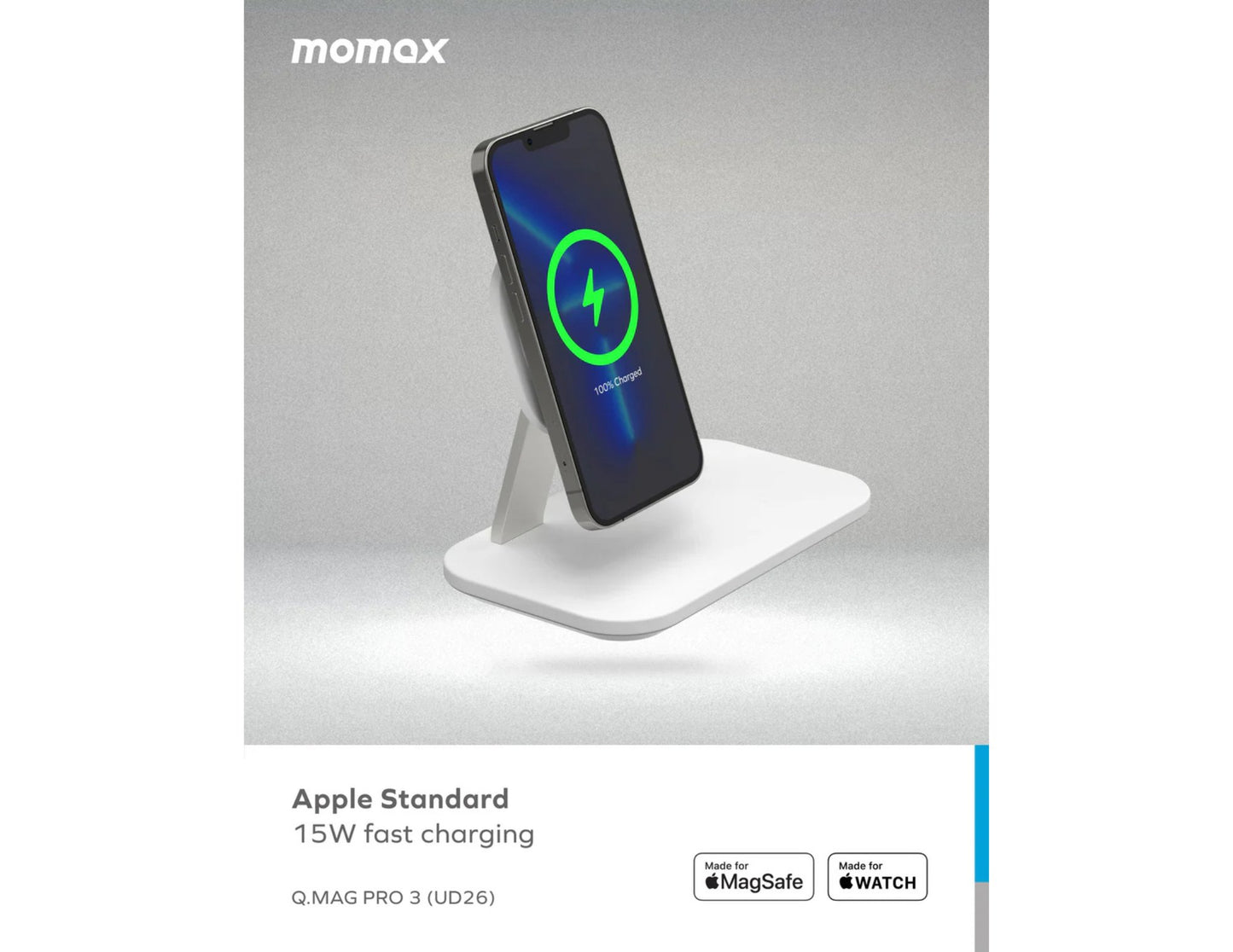 Phone on a charging stand with 'momax' branding on a gray background