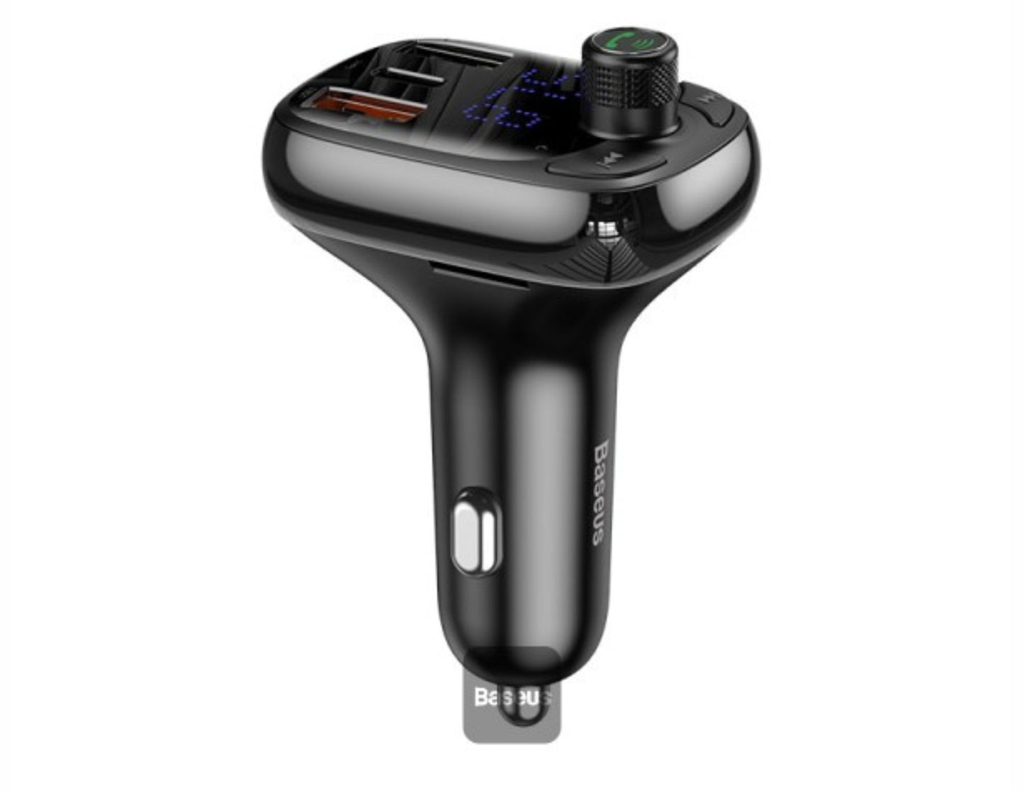 Black car charger with Bluetooth receiver on a white background