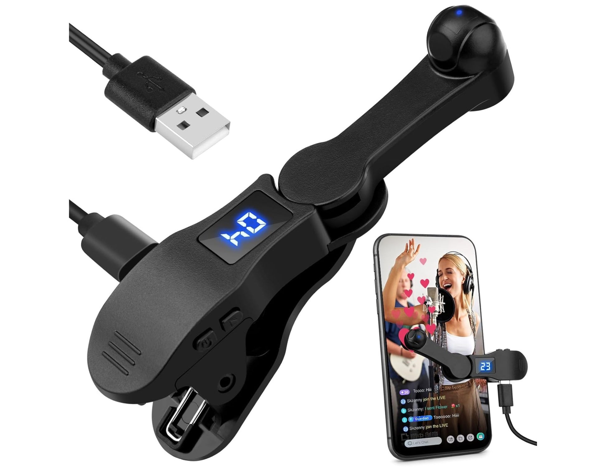 Black electronic device with USB cable and smartphone attachment on a white background