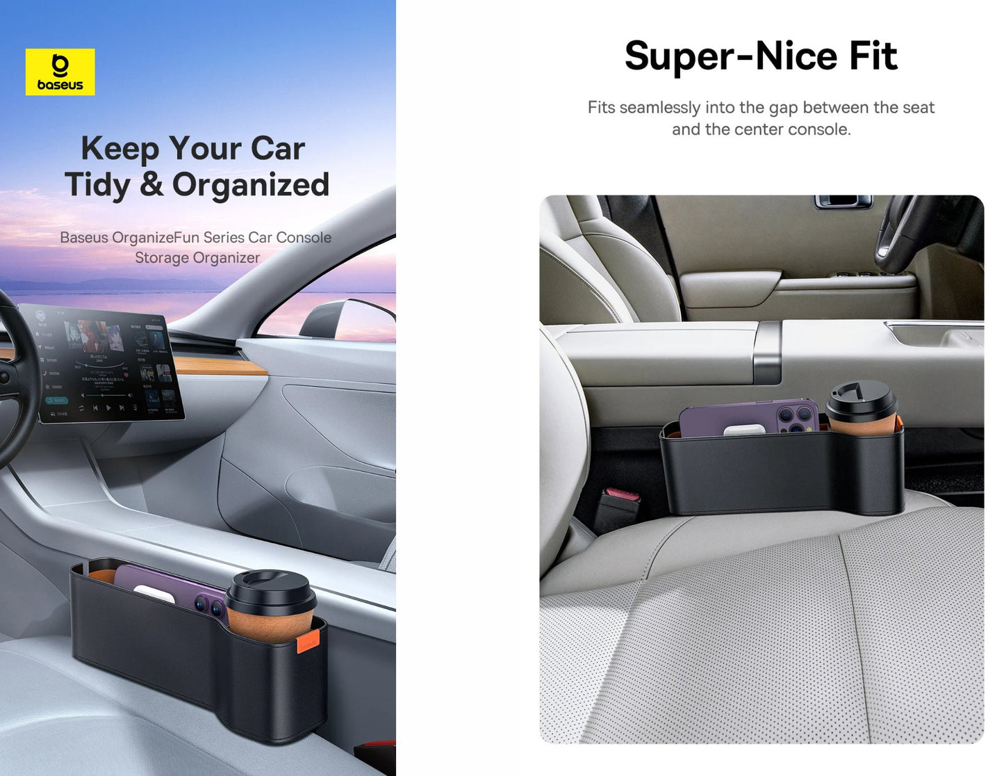 Car console storage organizer with text 'Super-Nice Fit' and 'Keep Your Car Tidy & Organized'.