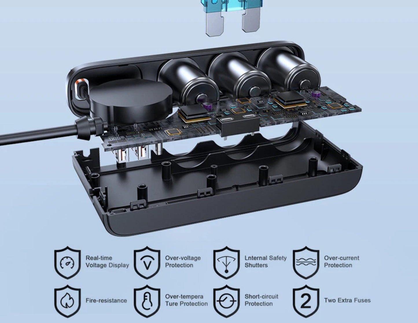Electrical component with fuses and safety features on a light blue background