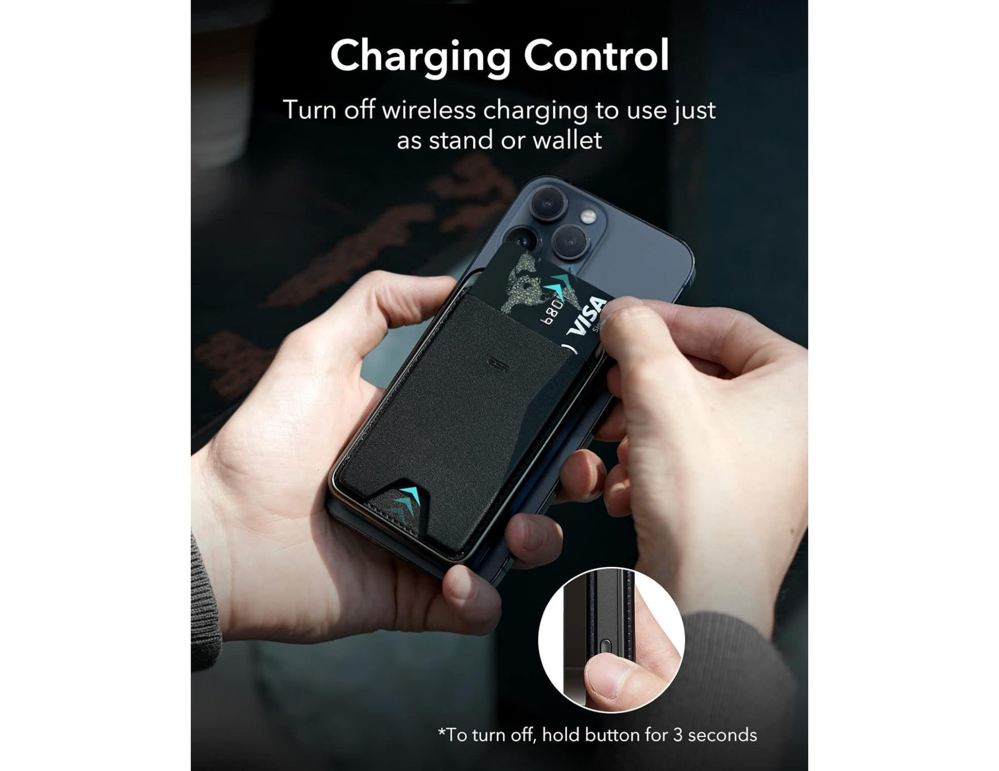 ESR HaloLock Power Bank Wallet 5000mAh with Stand – Black with wireless charging control feature, held by hands.