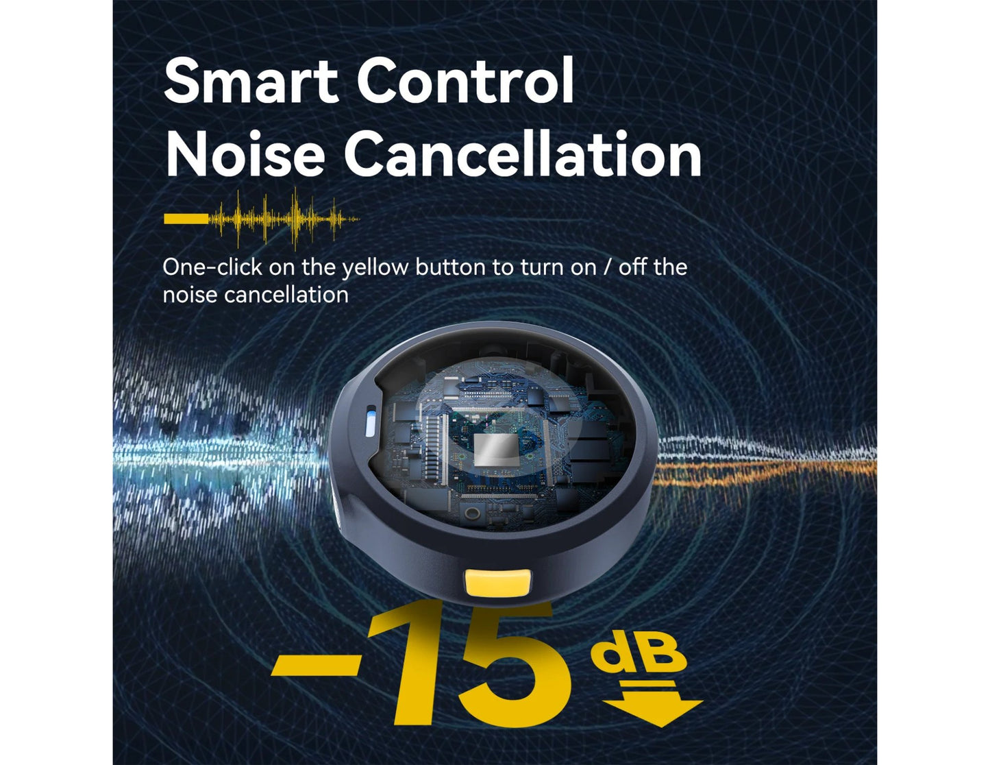 Advertisement for smart control noise cancellation with a technical diagram and dB indicator.