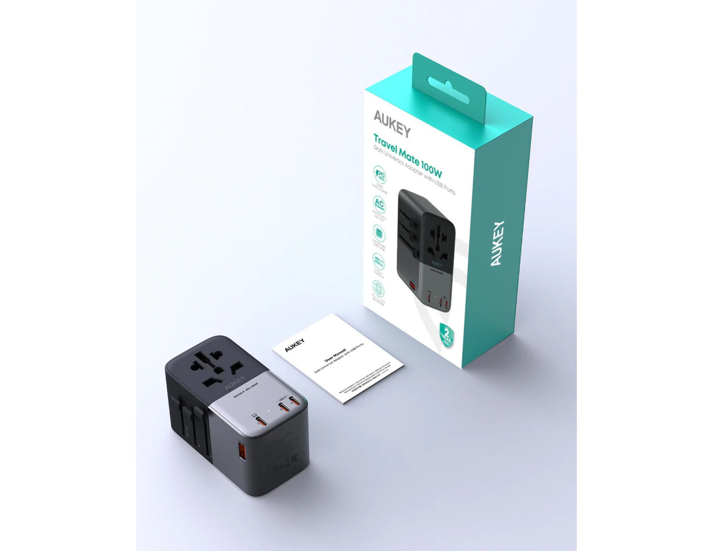 AUKEY Travel Mate PA-TA09A 100W GaN Universal Adapter with USB Ports – Gray