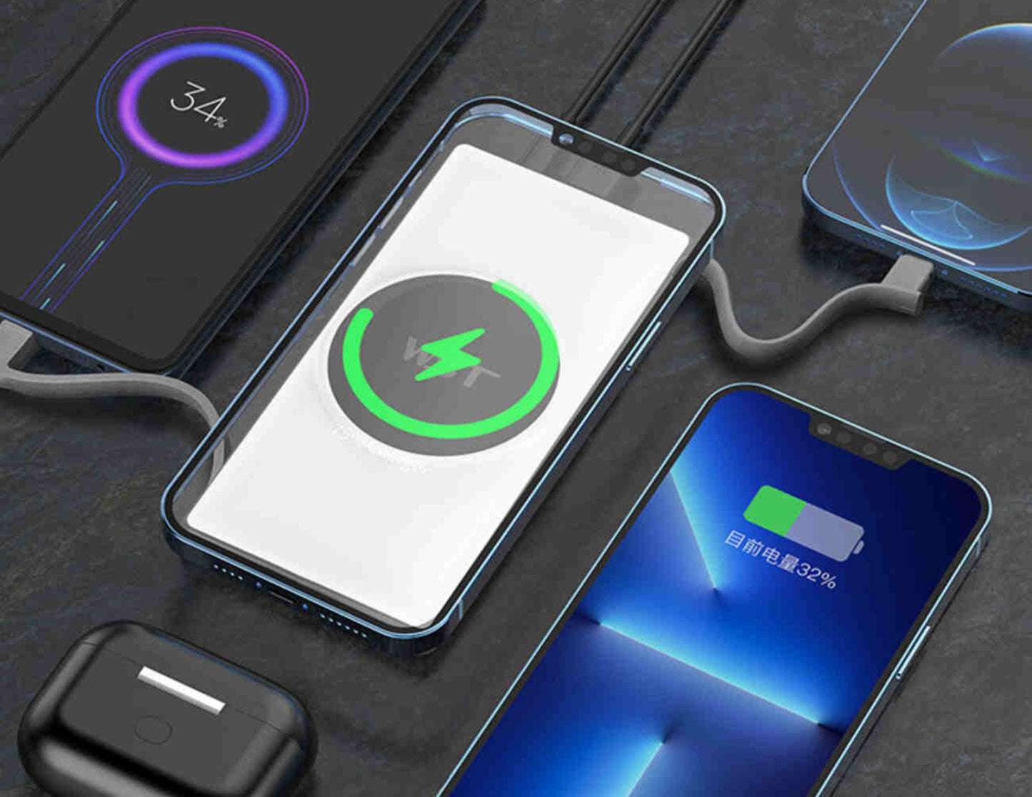 Smartphones with charging accessories on a dark surface