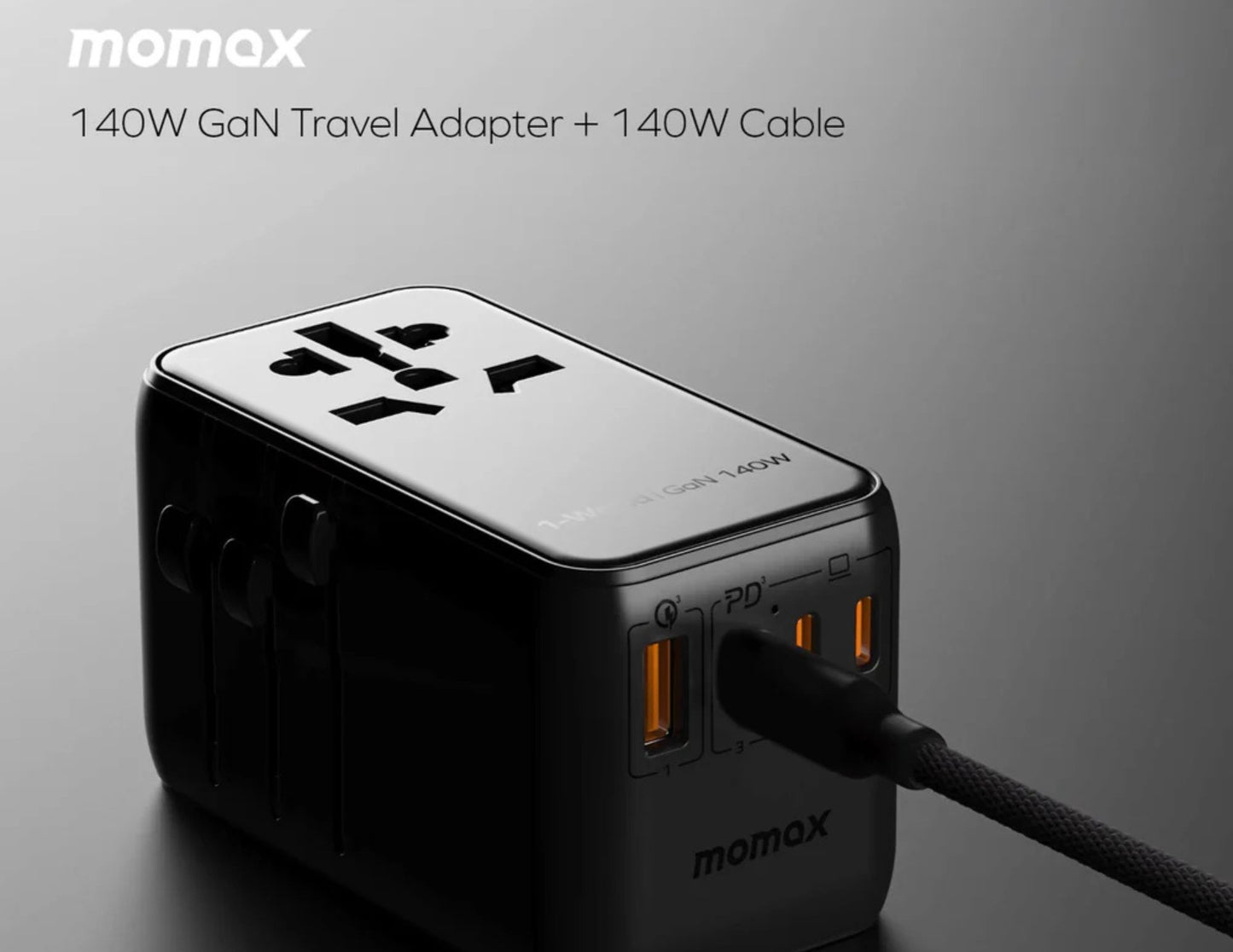 Momax 1-World Universal 4-Port Travel GaN Charger 140W + USB-C Cable (UA16UKGSD)
