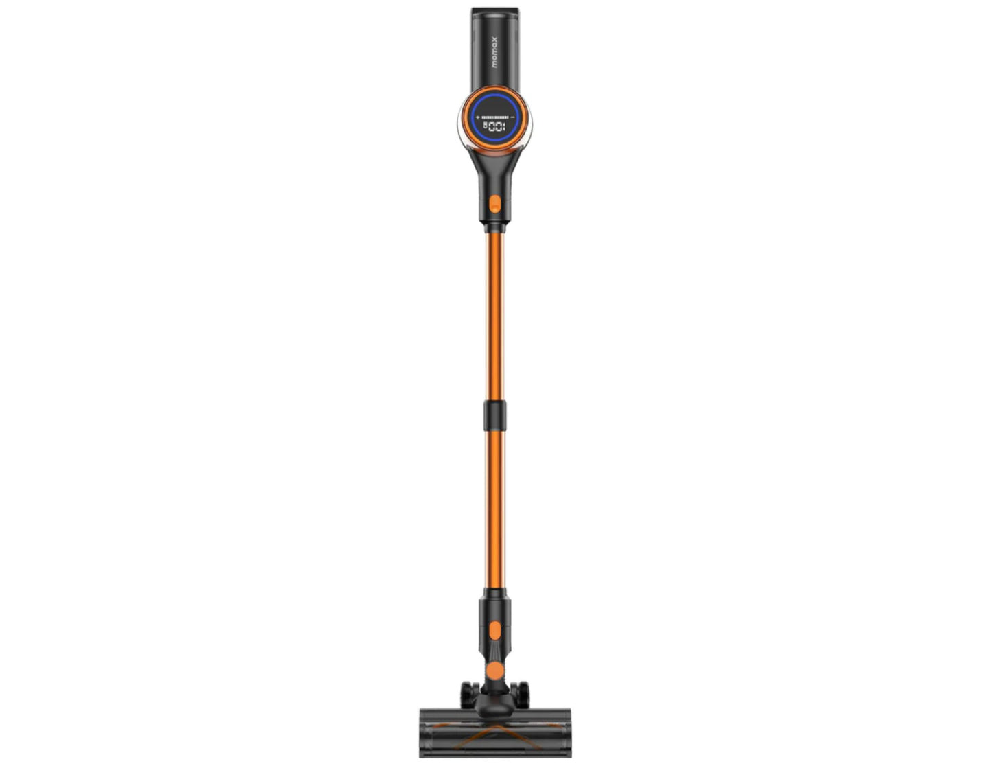 A Momax 1-Home RO7 Cordless Vacuum Cleaner in an upright position, featuring an orange and black color scheme with a visible LED display at the top.