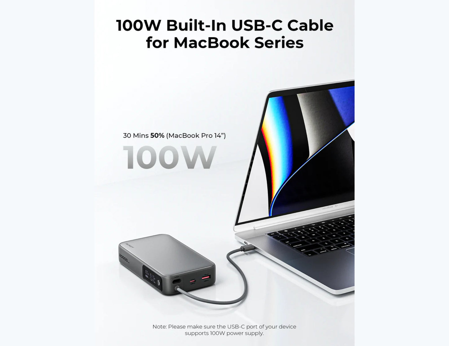 100W Built-In USB-C Cable for MacBook Series with laptop and Aukey PB-Y43P Sprint X 130W PD 20000mAh Power Bank – Gray on a white background