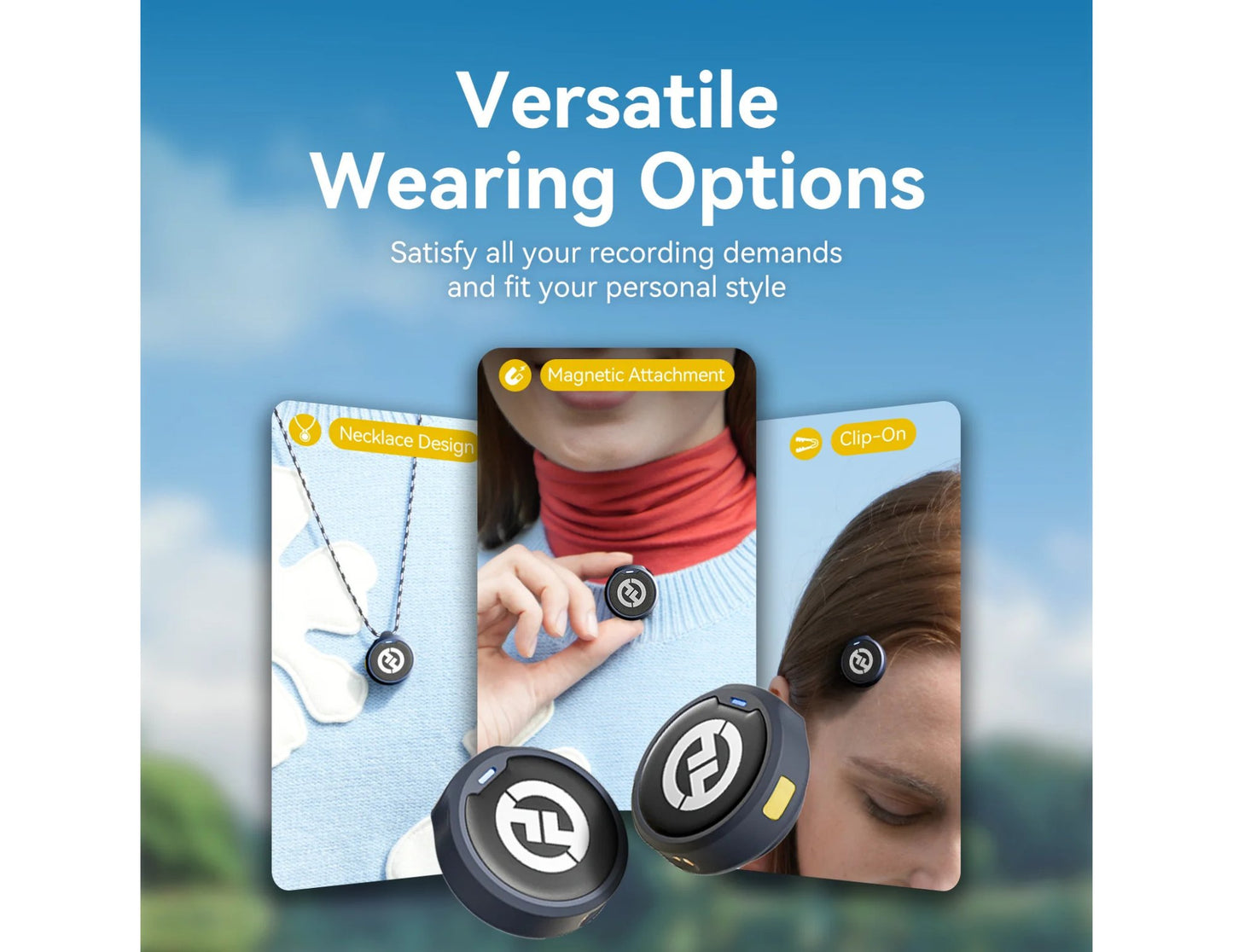 Product display with 'Versatile Wearing Options' text and images of a device worn on a neck and held by a hand.