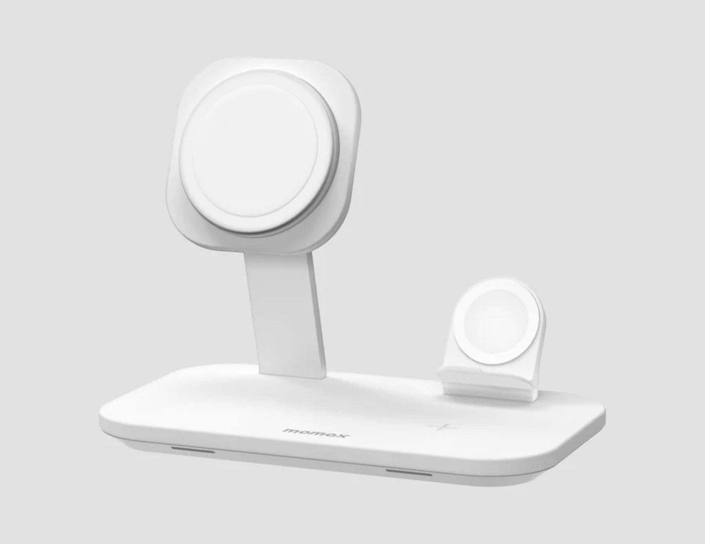 White Momax Q.Mag Pro 3 25W 3‑in‑1 MagSafe Wireless Charging Stand – UD26W with two circular holders on a light gray background