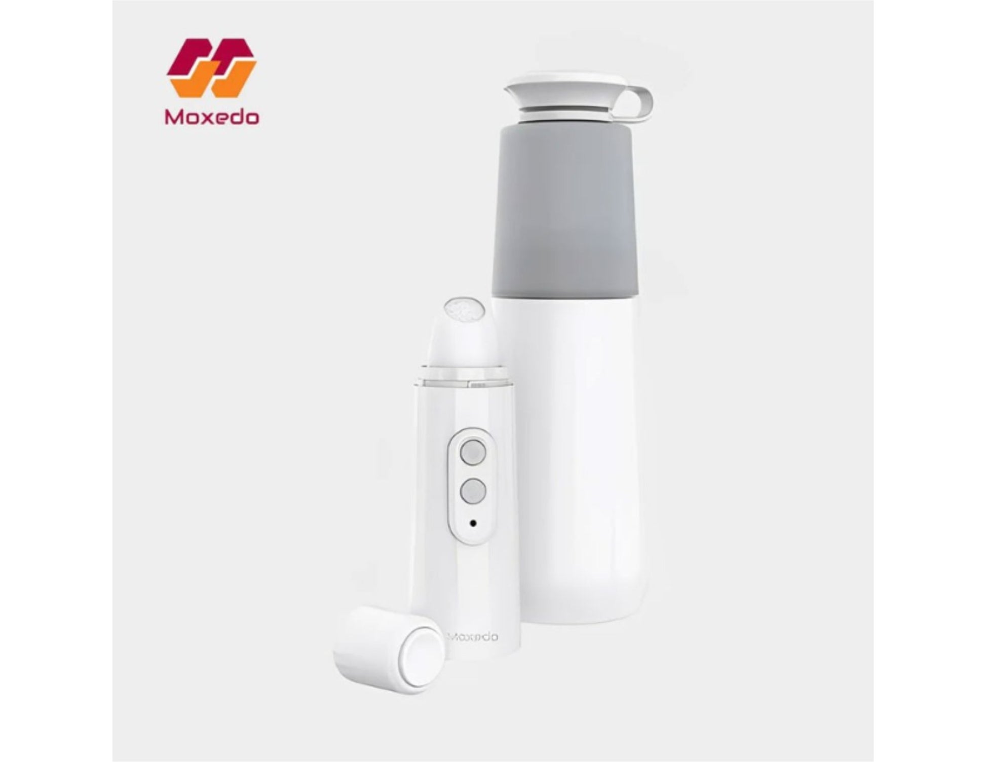 Moxedo Portable Travel Bidet MX-PTB001 – Rechargeable Electric Sprayer with gray top on a white background, featuring the Maxedo logo.