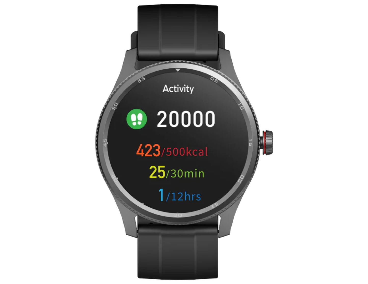 Smartwatch with a black band displaying activity metrics on a white background