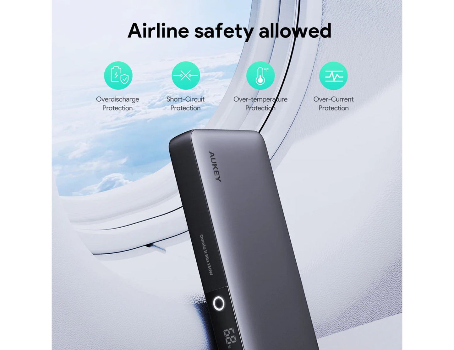 Aukey PB-Y43P Sprint X 130W PD 20K mAh Fast Charging Power Bank with safety features displayed against an airplane window background