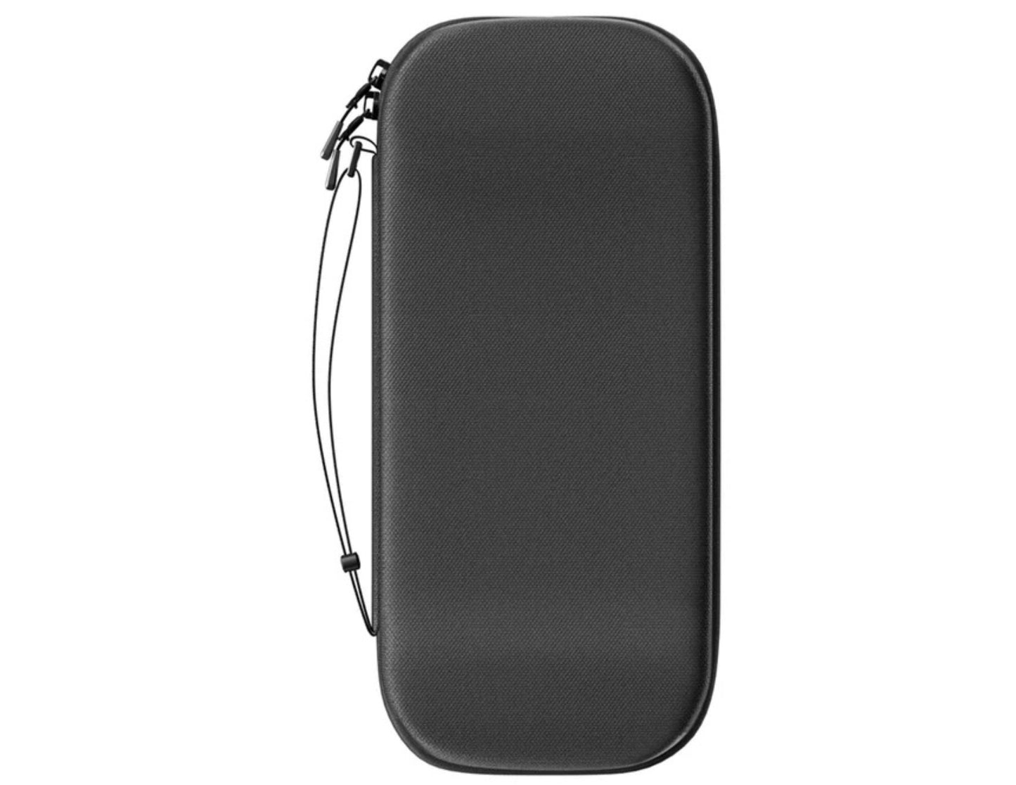 Black carrying case with a strap on a white background